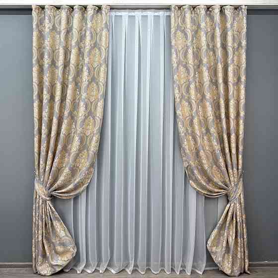 Комплект готовых штор VR-Textil Лен Корона Мария № 1265ш Темно-серый с золотистым 150х270 см 2 шт (33-0103) Киев