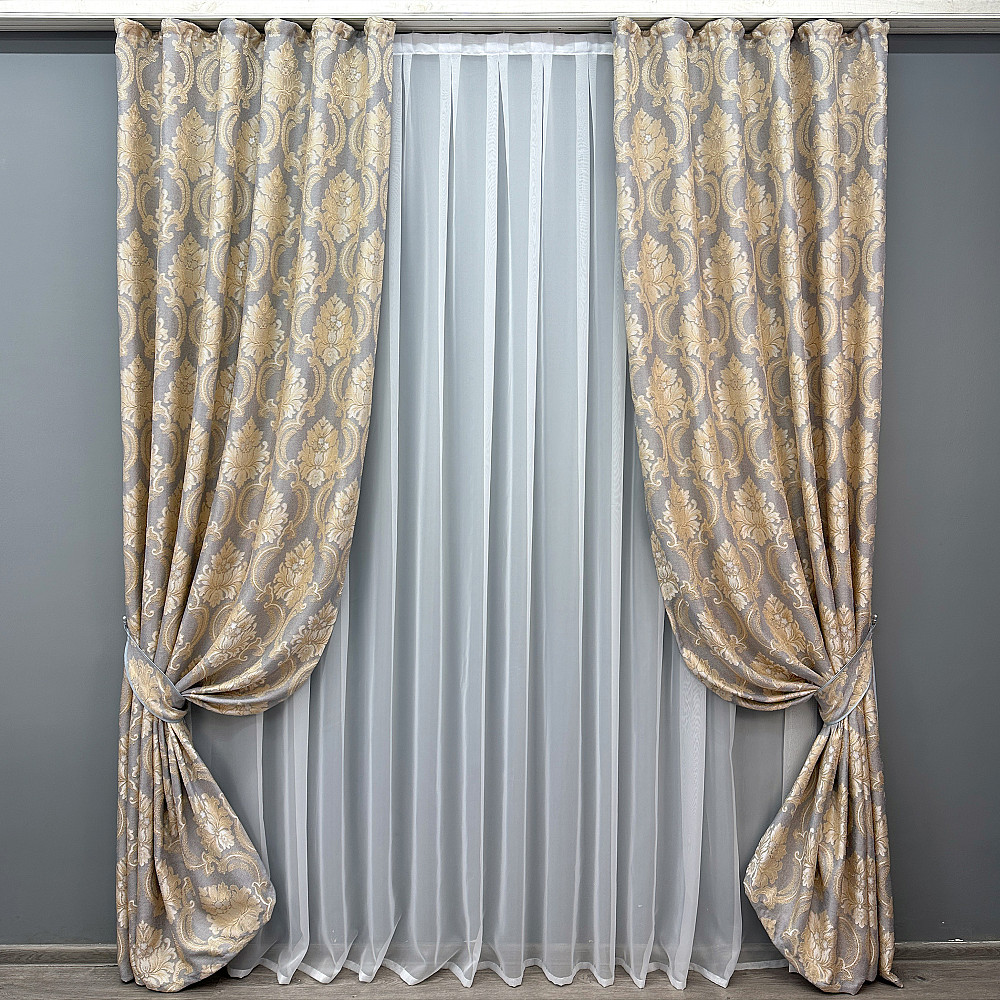 Комплект готових штор VR-Textil Льон Корона Марія № 1265ш Темно-сірий з золотистим 150х270 см 2 шт (33-0103) Київ - фото 2