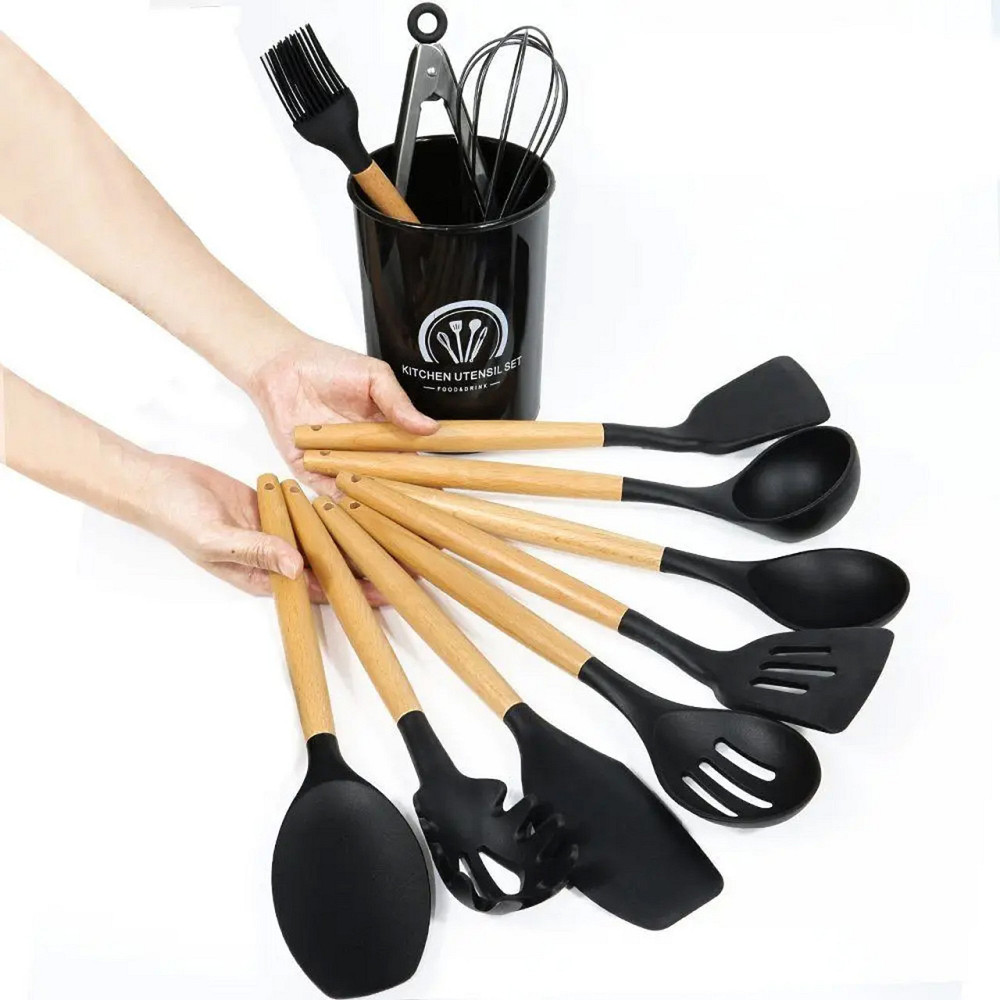 Набор кухонных принадлежностей 12 предметов, Kitchen Set, из силикона + подставка, Черный / Кухонный комплект Киев - изображение 4