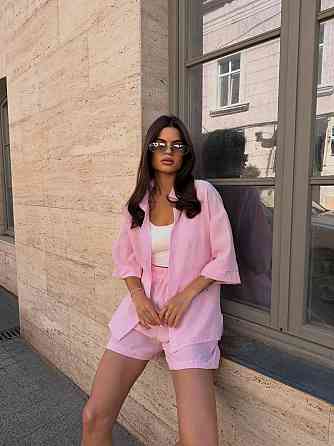 Жіночий стильний повсякденний літній костюм з льону Рожевий, 46/48 Одеса