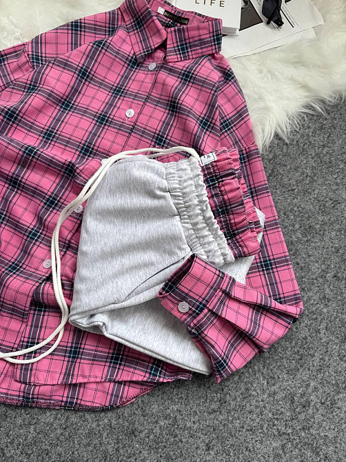Женский повседневный костюм двойка: рубашка в клетку и штаны фланель + двунитка. Розовый 2, 42/46 Одесса - изображение 7