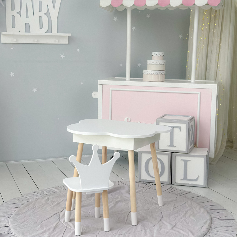 Столик хмаринка з відкидною нішею 54х68х50 і стільчик корона 26х26х24, стіл та стілець в дитячу, білий Кам'янське - фото 8