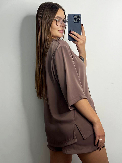 Жіночий костюм-двійка із сатину Шоколад XS-S Харків - фото 3