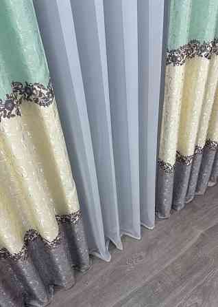 Шторна тканина льон висота 29м колір бежевий з бірюзовим 1022ш Київ