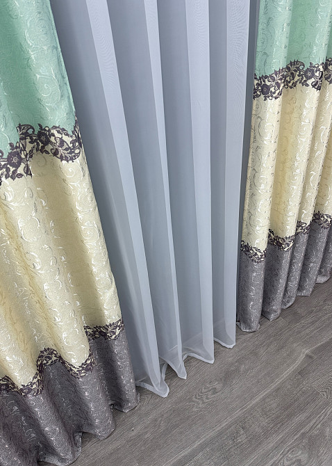 Шторна тканина льон висота 29м колір бежевий з бірюзовим 1022ш Київ - фото 6