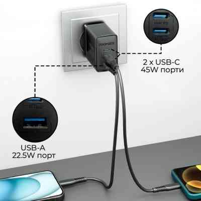 Зарядное устройство Promate powerport-45 2xUSB-C PD + USB-A QC 45W Black (powerport-45.black) Винница