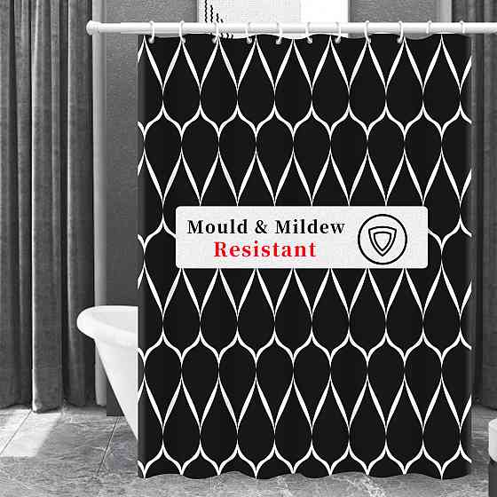 Шторка для ванны водонепроницаемая Bathlux 180x180 см с крючками, занавеска для ванной, Черная с рисунком Каменец-Подольский