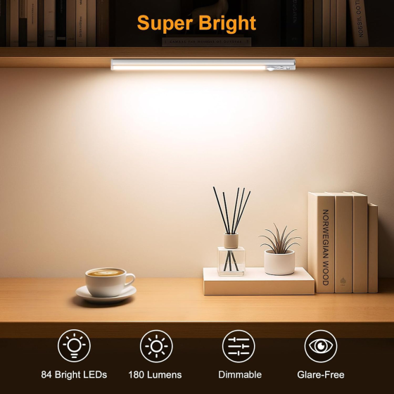 Подсветка под шкаф Gritin 26 см, 2 шт. — аккумуляторное LED 84 LED, датчик движения, 3 цвета, 5 уровней яркости, USB-C, серебро Киев