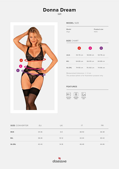 (SALE) Комплект білизни Obsessive Donna Dream 3-pcs set XS/S Black, бюстгальтер, стрінги, пояс для панчіх Sex Aura Київ - фото 5