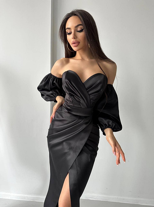 Женское роскошное вечернее платье со шлейфом и съемными рукавами из королевского атласа Черный, S Одесса - изображение 4