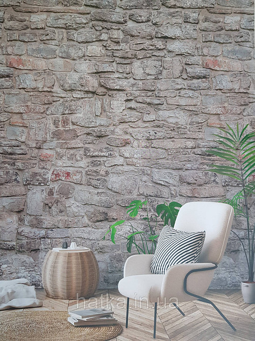 Шпалери вінілові Grandeco One roll one motif 1.59x2.8 панно мурал 3д лофт під камінь коричневі сірі Київ - фото 1