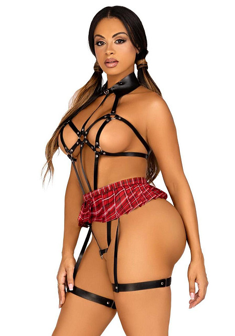 BDSM-костюм учениці Leg Avenue Harness teddy & skirt S Black, портупея, мініспідниця, екошкіра Sex Aura Київ - фото 3