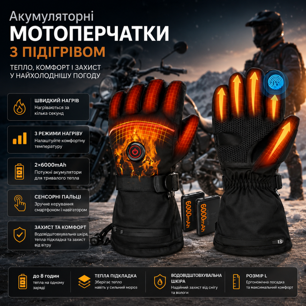 Акумуляторні мотоперчатки з підігрівом 6000mAh 3 режими Шкіряні зимові рукавиці L Чорні сенсорні Київ - фото 10