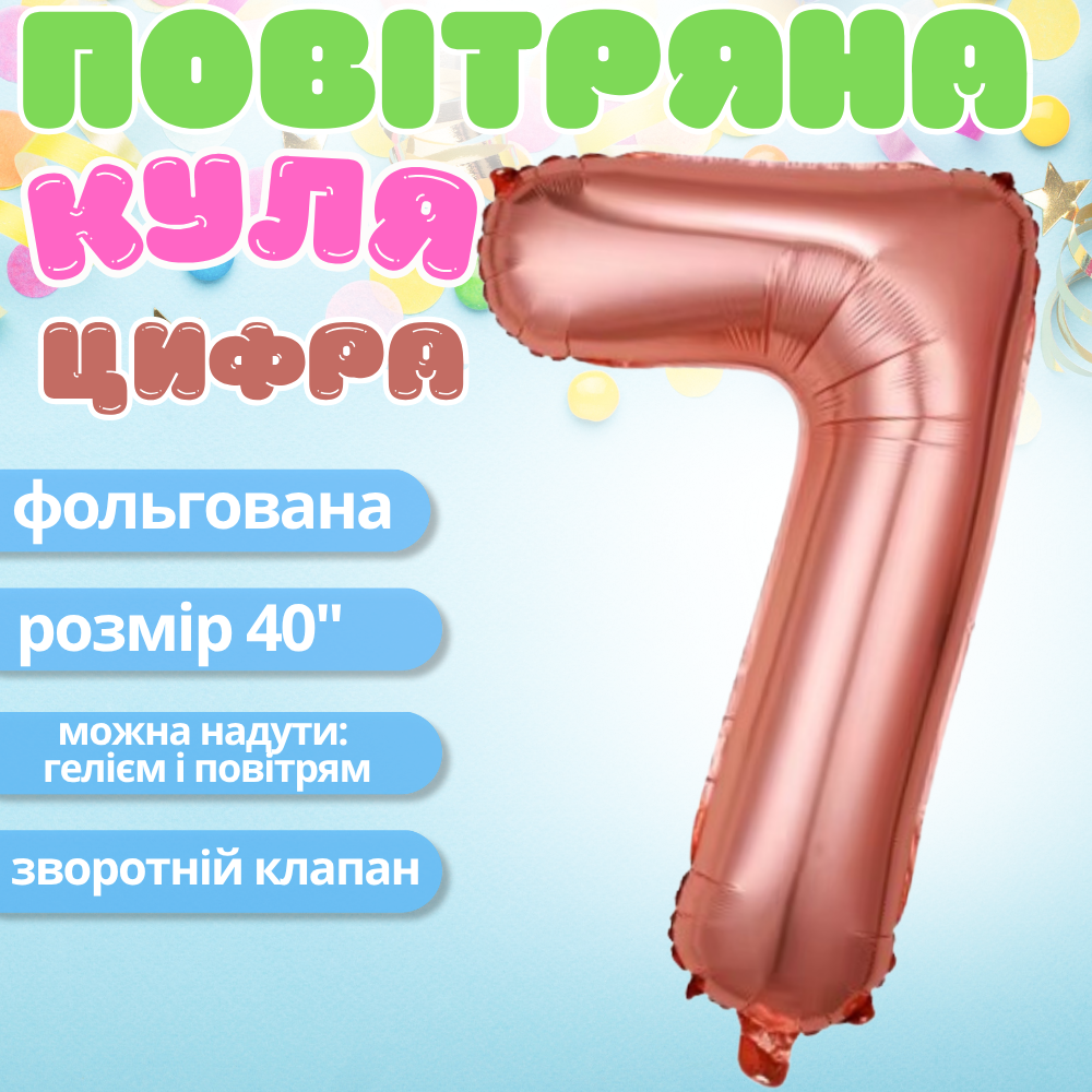 Повітряна куля у вигляді цифри 7 рожеве золото,40 дюймів, фольгована, святкова для дня народження,річниць Кам'янець-Подільський - фото 1