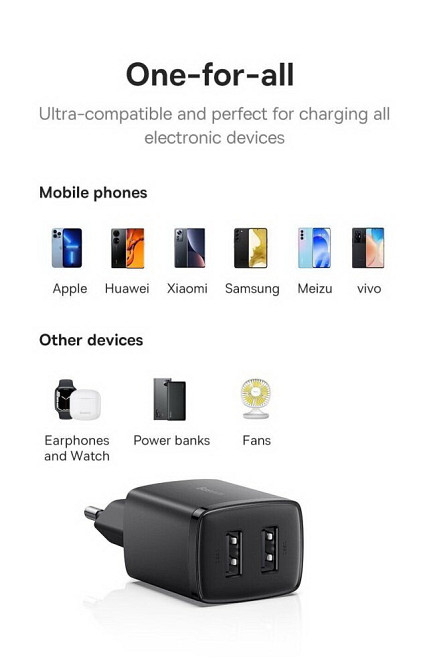 Універсальний зарядний пристрій Baseus Compact Charger 2U 10.5 W CCXJ010201 (Чорний) Николаев - изображение 8