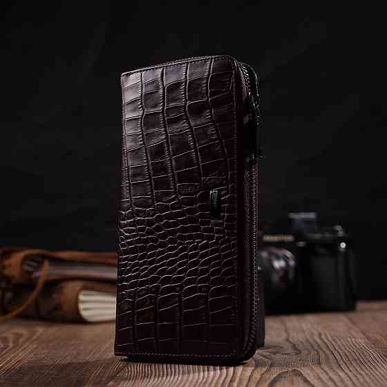 Практичный женский кошелек из натуральной кожи с тиснением под крокодила Коричневый (BOND) Киев