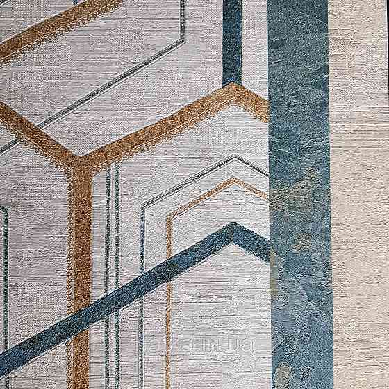 Шпалери метрові вінілові на флізелін 24 Carati Cristiana Masi геометрія смуги золотом бірюзові на бежевому 3д Київ