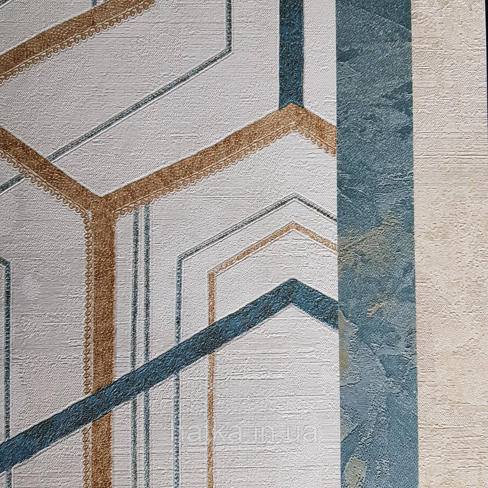 Шпалери метрові вінілові на флізелін 24 Carati Cristiana Masi геометрія смуги золотом бірюзові на бежевому 3д Київ - фото 4