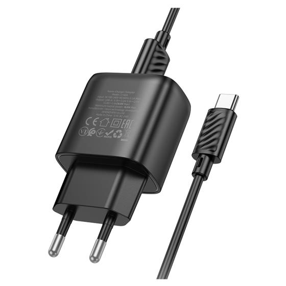 Мережевий зарядний пристрій з кабелем HOCO C140A Smart single port QC3.0 charger set(Type-C)(EU) Black Одеса