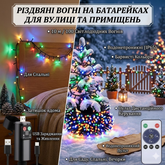 Акумуляторна Преміум LED гірлянда 10 м з пультом і акумулятором — атмосферне світло для дому, саду та свят водонепроникні Київ