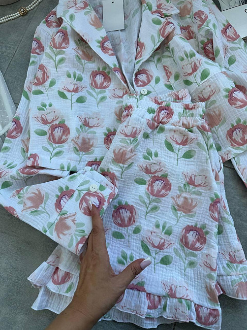 Женская принтованная пижама двойка из натурального муслина Молочный 2, 42/44 Одесса - изображение 5