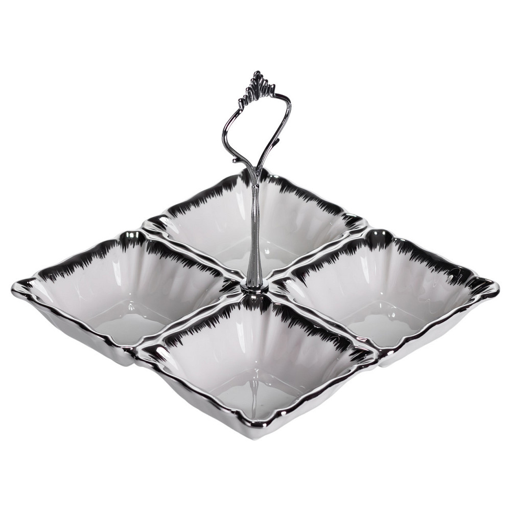 Менажниця порцелянова на 4 секції для закусок 18×18×3 (см) з ручкою Білий з сріблом LC-BYL-100-S Київ - фото 1