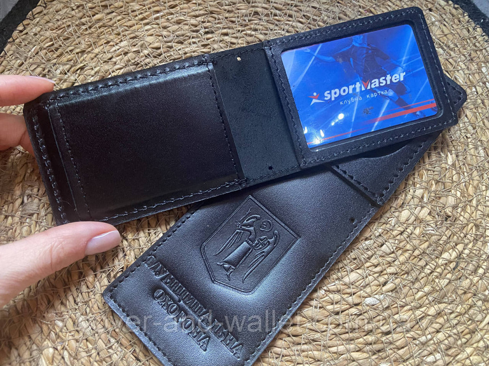 Шкіряна обкладинка на посвідчення "Муніципальна охорона" з відділенням для жетону (на карточку) Київ - фото 2