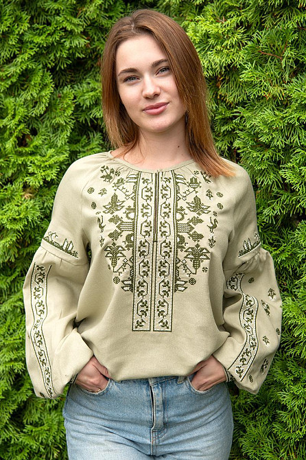 Вишиванка жіноча з довгим рукавом лляна, оливкова топ 52/54 Київ - фото 1