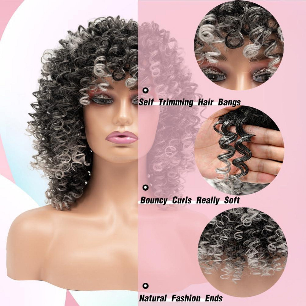 Перука кучерява афро сіра сива омбре з чубчиком, жіноча коротка синтетична термостійка, хвилясте волосся для Гелловіну Київ - фото 3