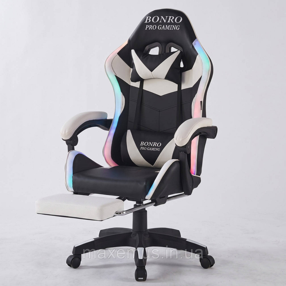 Геймерское компьютерное кресло Bonro B-144 Белое с RGB подсветкой, массажем и подножкой Мостиська - фото 8