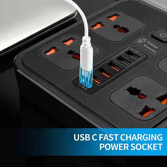 Мережевий фільтр BKL-666 1 QC3.0 + 1 PD20W + 5 USB, 100-250V, 10А, 4 розетки, чорний Кам'янець-Подільський