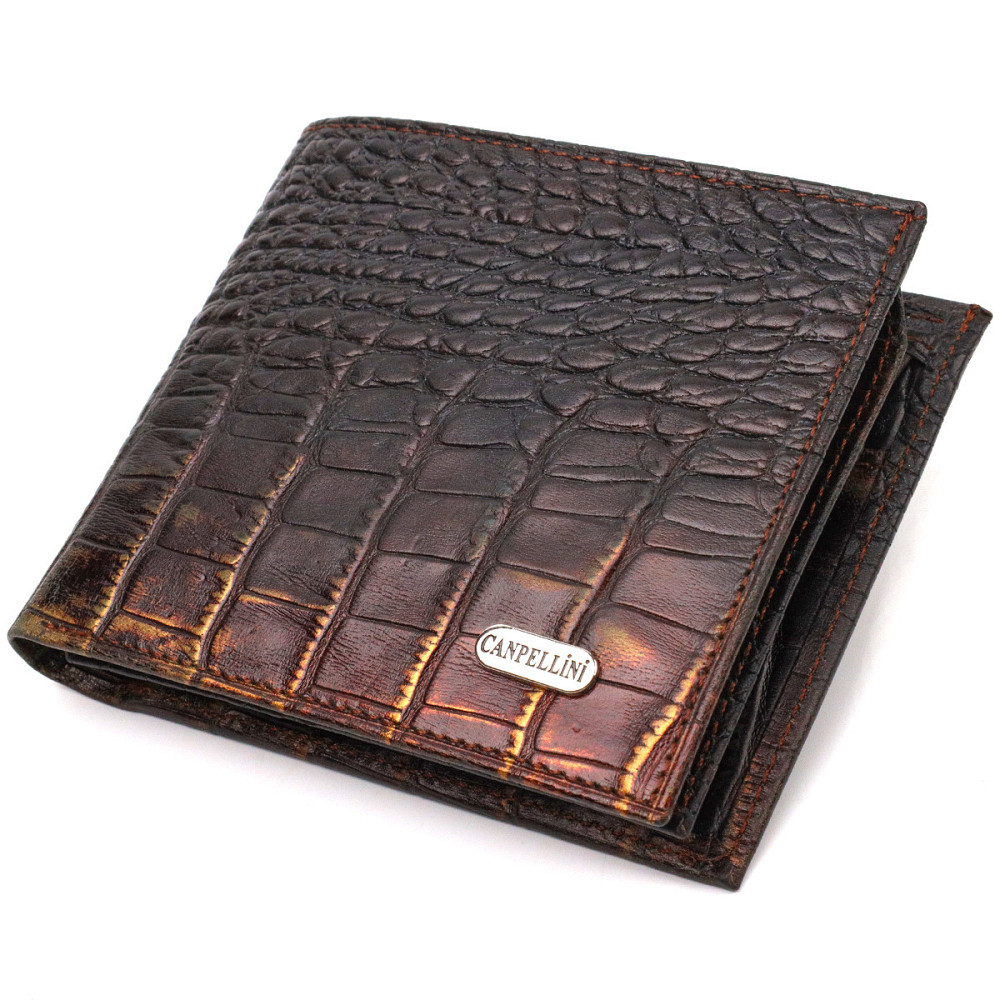 Оригинальное мужское портмоне из натуральной фактурной кожи с тиснением под крокодила CANPELLINI 21784 Темно коричневое Киев - изображение 1