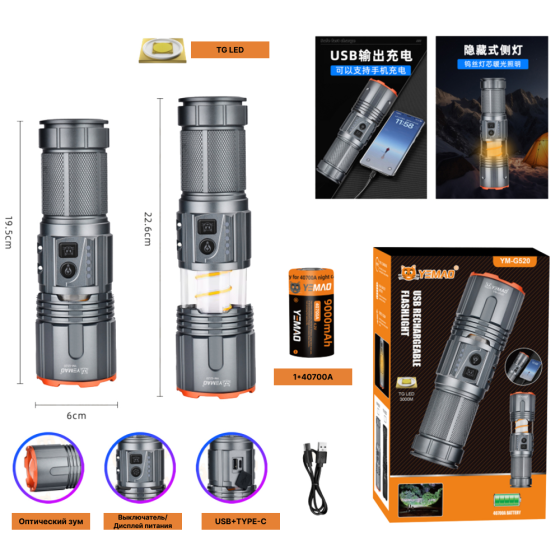 Ручний ліхтар YEMAO YM-G520, 2500LM, TG LED, 1*40700 акум, TYPE-C Дніпро