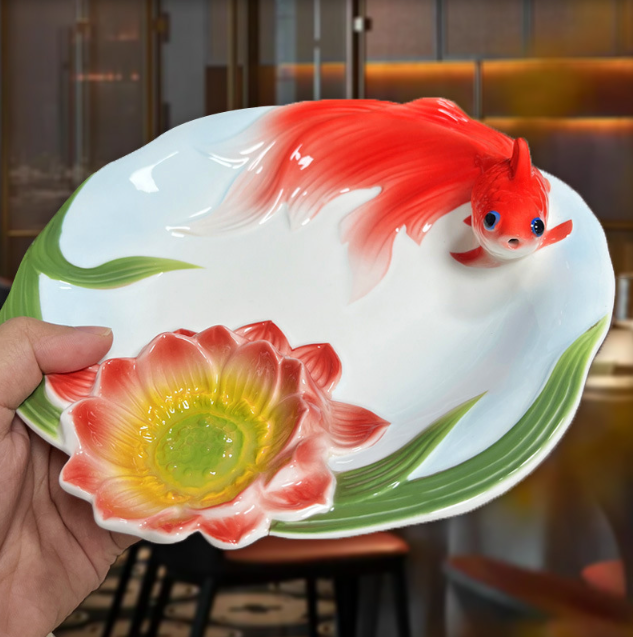 Тарелка обеденная Золотая рыбка китайский лепной костяной фарфор 23 см соусник Лотос Кременчуг - изображение 4