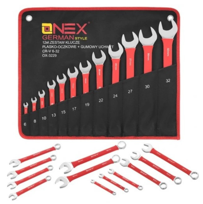 Набір ріжкових комбінованих ключів OX-3229 з гумовими вставками, 12 шт, 6–32 мм, Cr-V сталь у футлярі Одеса - фото 1