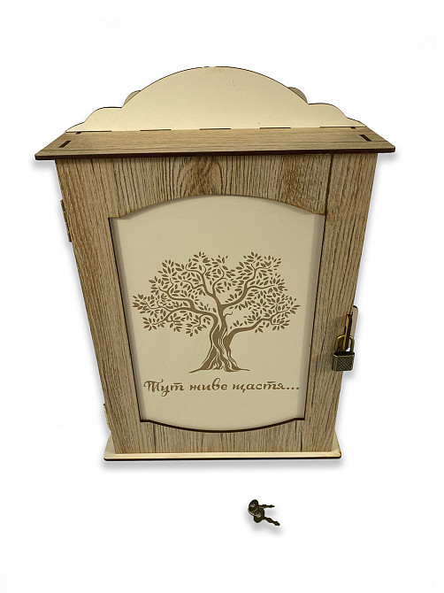 Навесной органайзер-ящик для ключей из натурального дерева на 9 крючков 22x31,5x9 см, ключница настенная Каменец-Подольский - изображение 1