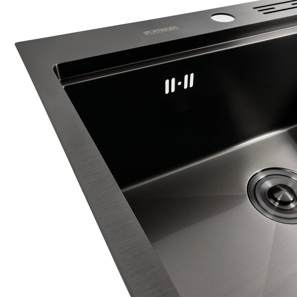PLATINUM Кухонна мийка чорна PVD 60х50 з підставкою для ножів + Подарунок сифон круглий та доза Коломия - фото 5