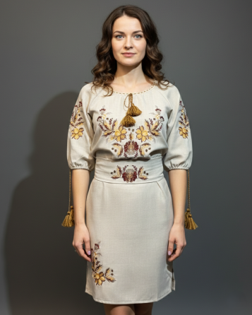 Женское вышитое платье в бежевом цвете с Петриковской росписью на орнаменте 46 Киев