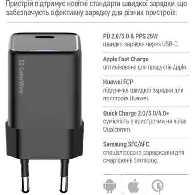 Зарядное устройство ColorWay GaN Mini 25W PD Port PPS USB-C black (CW-CHS052PD-BK) Винница