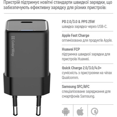 Зарядний пристрій ColorWay GaN Mini 25W PD Port PPS USB-C black (CW-CHS052PD-BK) Вінниця - фото 4