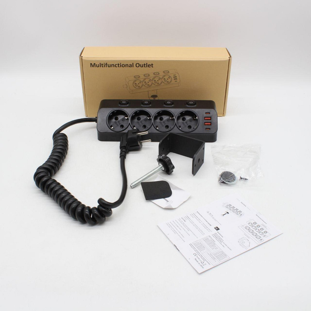 Мережевий фільтр 20Вт, 1.6м (2хUSB-A, 2хType-C, 4х220В) / Електричний подовжувач з тримачем для столу Київ - фото 10