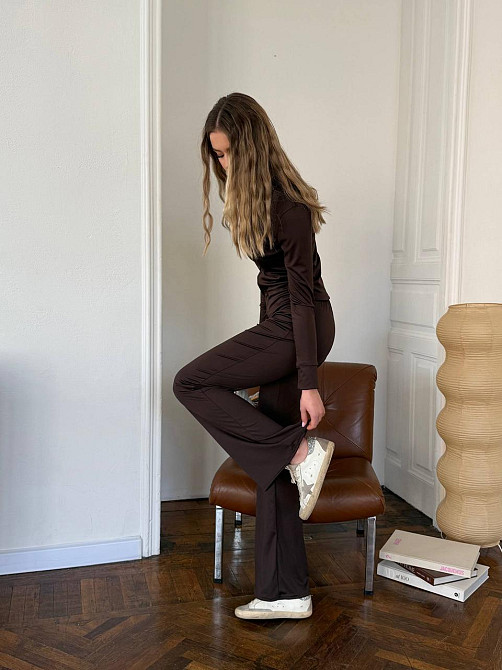 Жіночий повсякденний костюм-трійка: кофта топ і штани з мікродайвінгу Шоколадний, 42/46 Одеса - фото 4