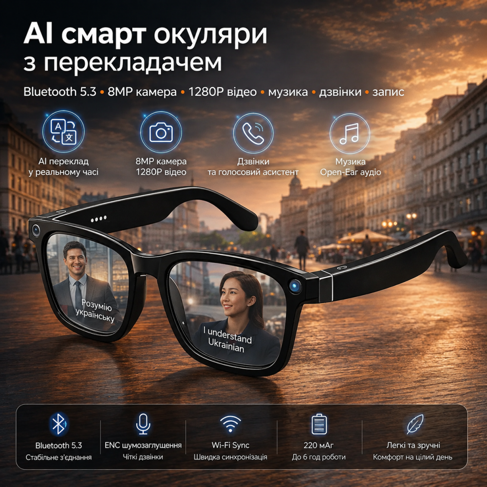 Розумні AI-окуляри з камерою 8MP, відео 1200P, Bluetooth 5.3, переклад, Open-Ear аудіо, ENC, Wi-Fi Sync, 220 мАг Київ - фото 10