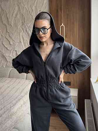Женский теплый повседневный комбинезон с капюшоном турецкий флис Графит, 46/48 Одесса