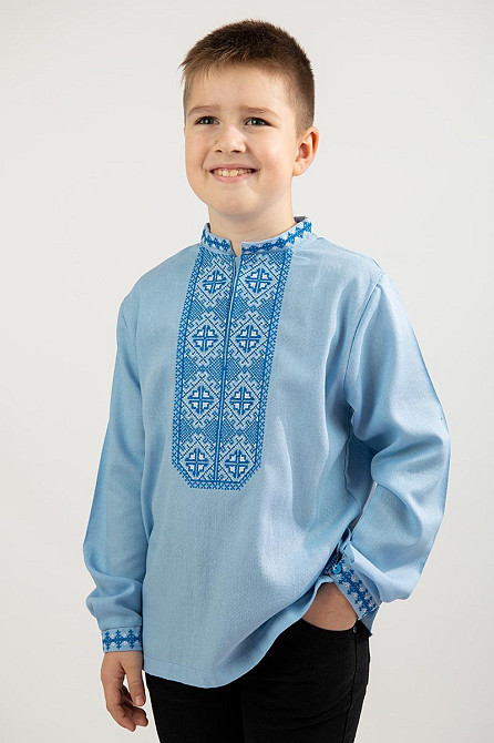 Вышиванка для мальчиков, льняная, голубая, Киев - изображение 1