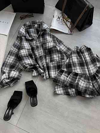 Женский костюм двойка: рубашка и юбка в клетку фланель Черный Одесса
