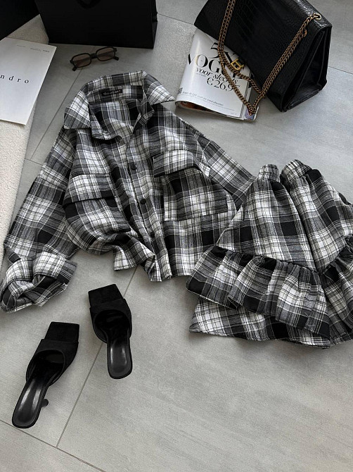 Женский костюм двойка: рубашка и юбка в клетку фланель Черный Одесса - изображение 3