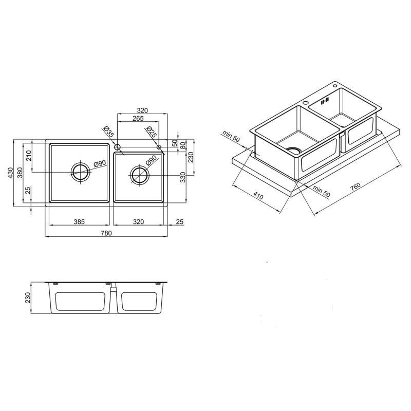 Мойка для кухни с нержавеющей стали на две чаши интегрированная Lidz Handmade H7843 Brushed Black PVD черная Киев - изображение 2