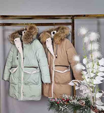 Детская бежевая зимняя куртка пальто на девочку с натуральным мехом 104,110 Николаев