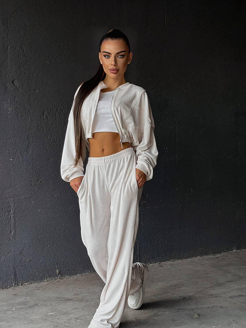 Женский прогулочный костюм двойка: кофта и штаны велюр мрамор Молочно-серый, 44/46 Одесса - изображение 5